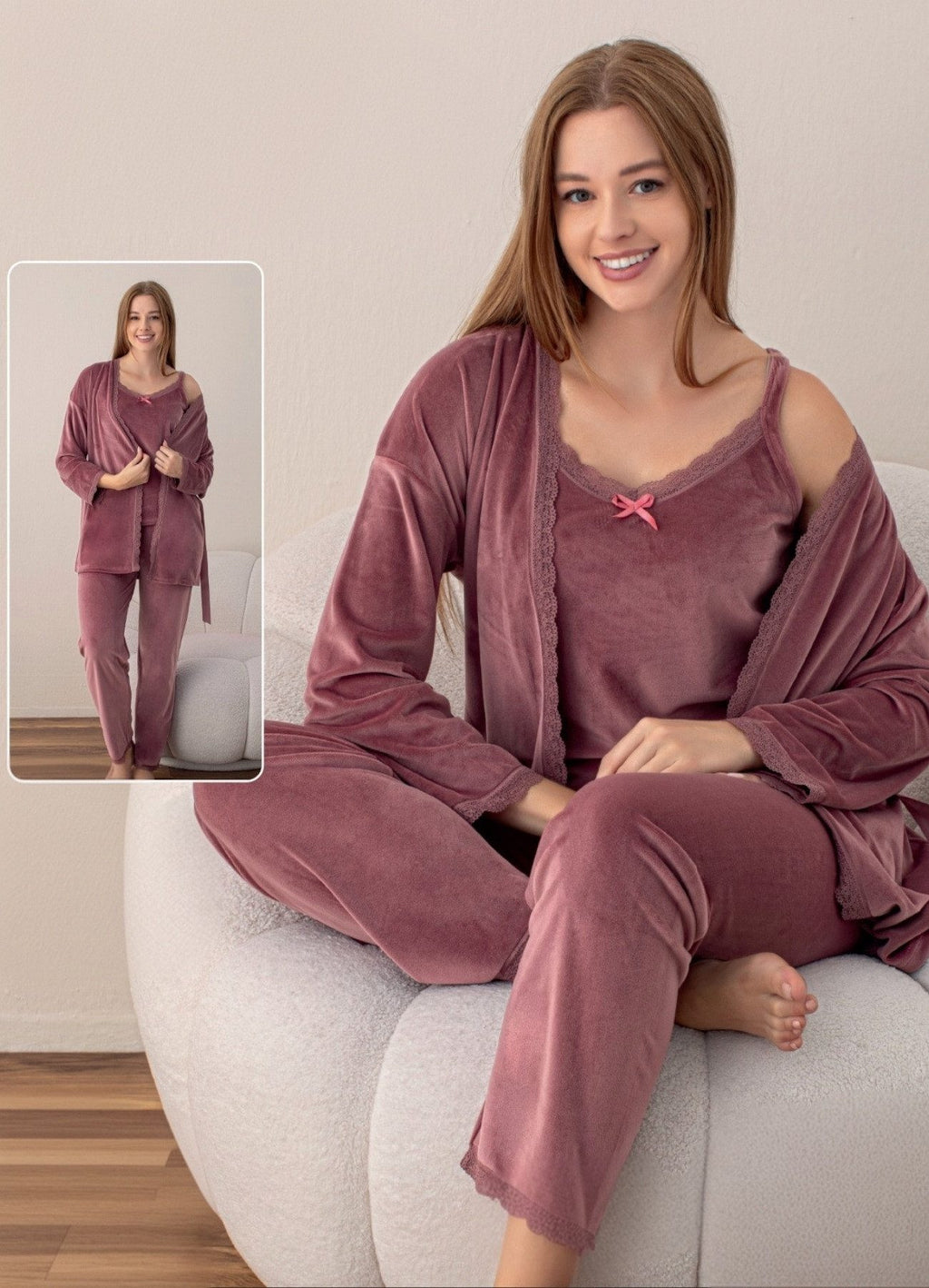 Hausanzug 3 teiliger Pyjama Schlafanzug mit Morgenmantel 100% Samt