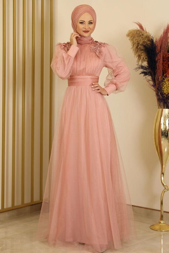 Tüllkleid Abendkleid mit Blumen Guipure-Details Abiye Abaya - Modest Fashion