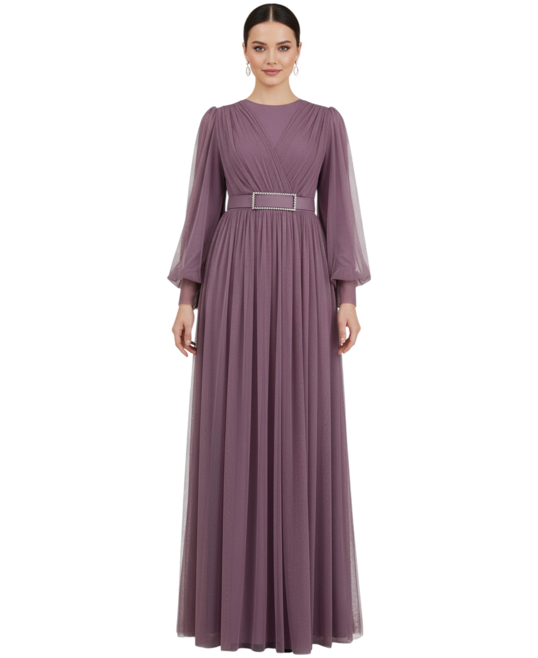 Abendkleid Damen Maxikleid langarm Tüllkleid elegant mit Gürtel Modest Fashion
