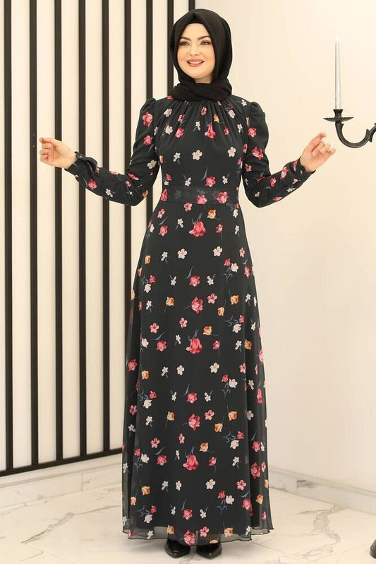 Chiffonkleid Damen Kleid Geblümtes Abendkleid Hijab Mode Maxikleid (MANOLYA)