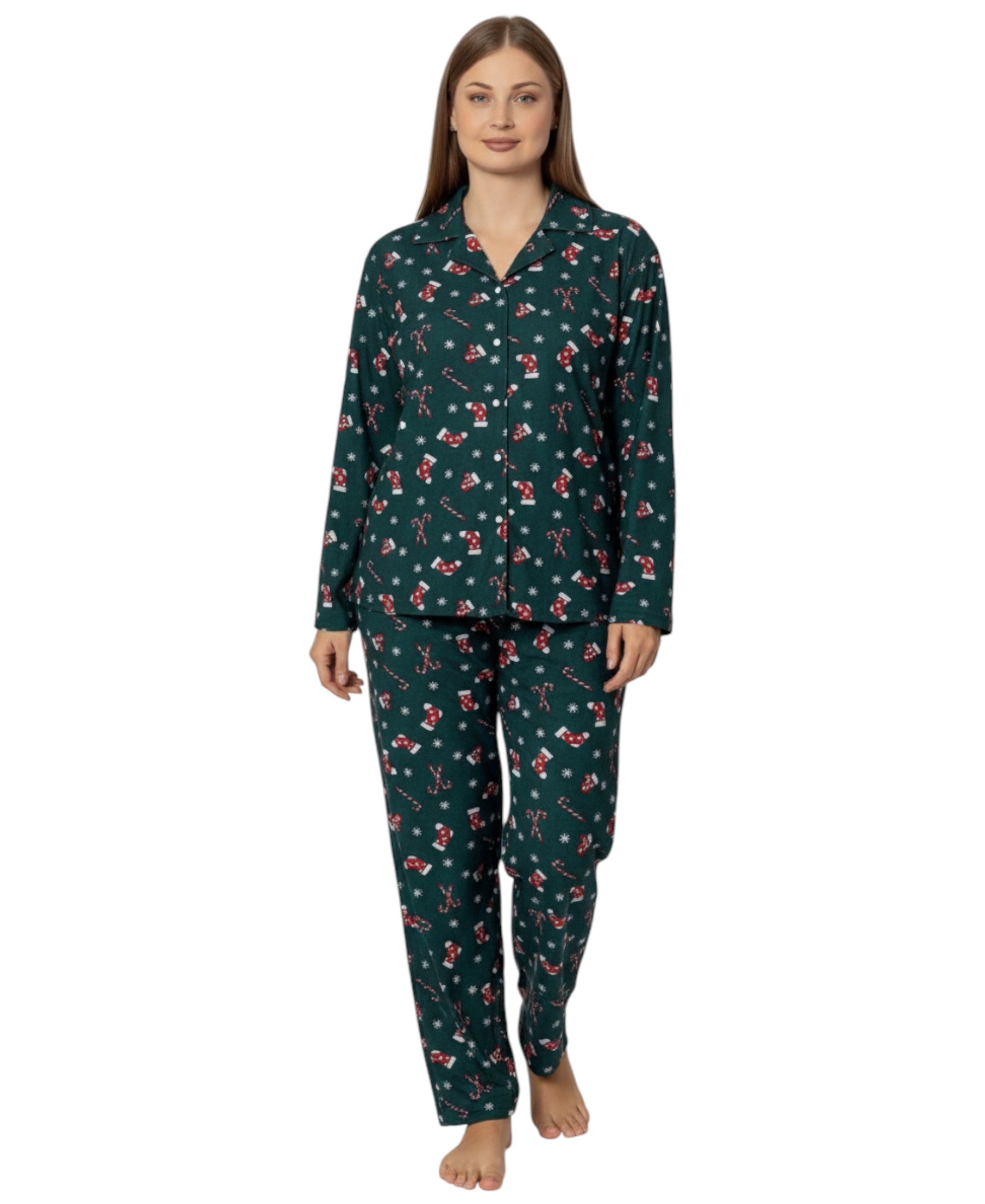 Pyjama Damen Schlafanzug mit Weihnachtsmotiven Rot & Schwarz