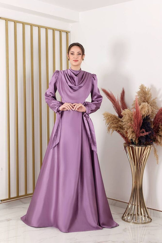 Abendkleid Elegantes Damen Kleid aus Satin - Langärmliges Maxikleid