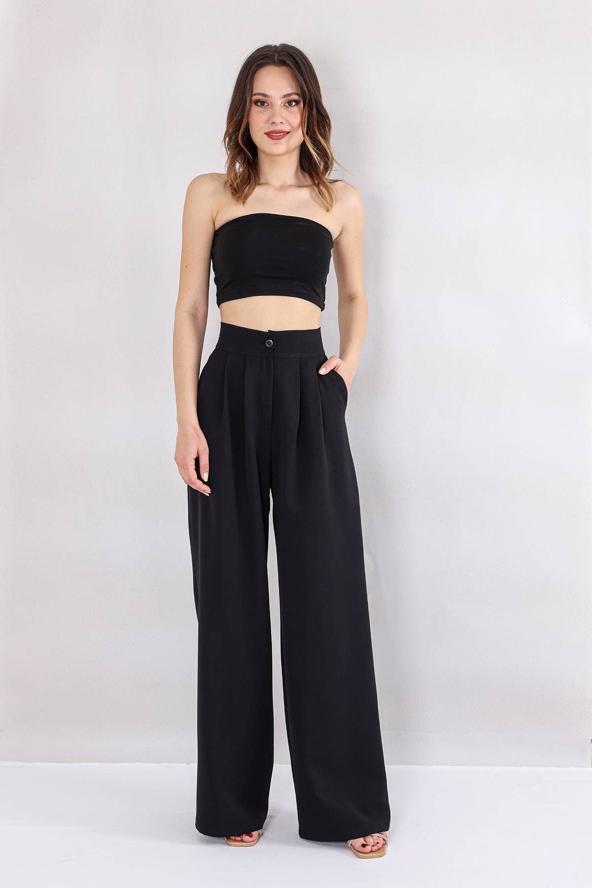 Bundfaltenhose Damen Palazzohose – Hoher Bund, Weites Bein