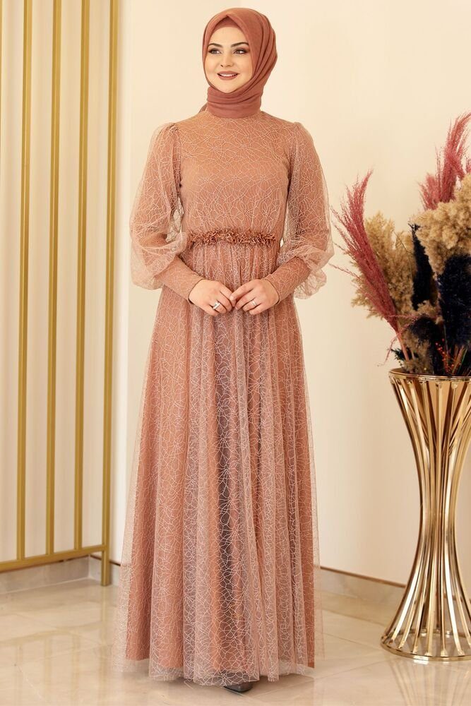 Abendkleid silbriges Tüllkleid Abiye Abaya Hijab Kleid Maxikleid (SIMLI GAMZE)