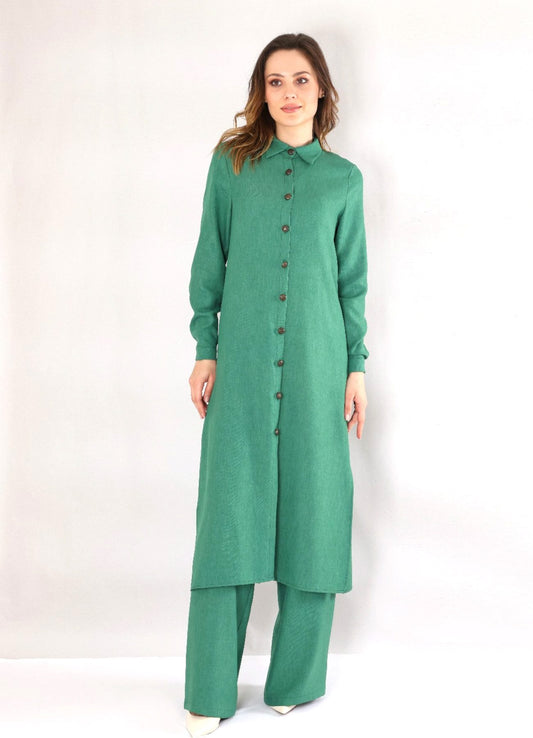 Longtunika mit Kragen und Knöpfen - Langarm-Hemdkleid Leinenoptik Modest Fashion