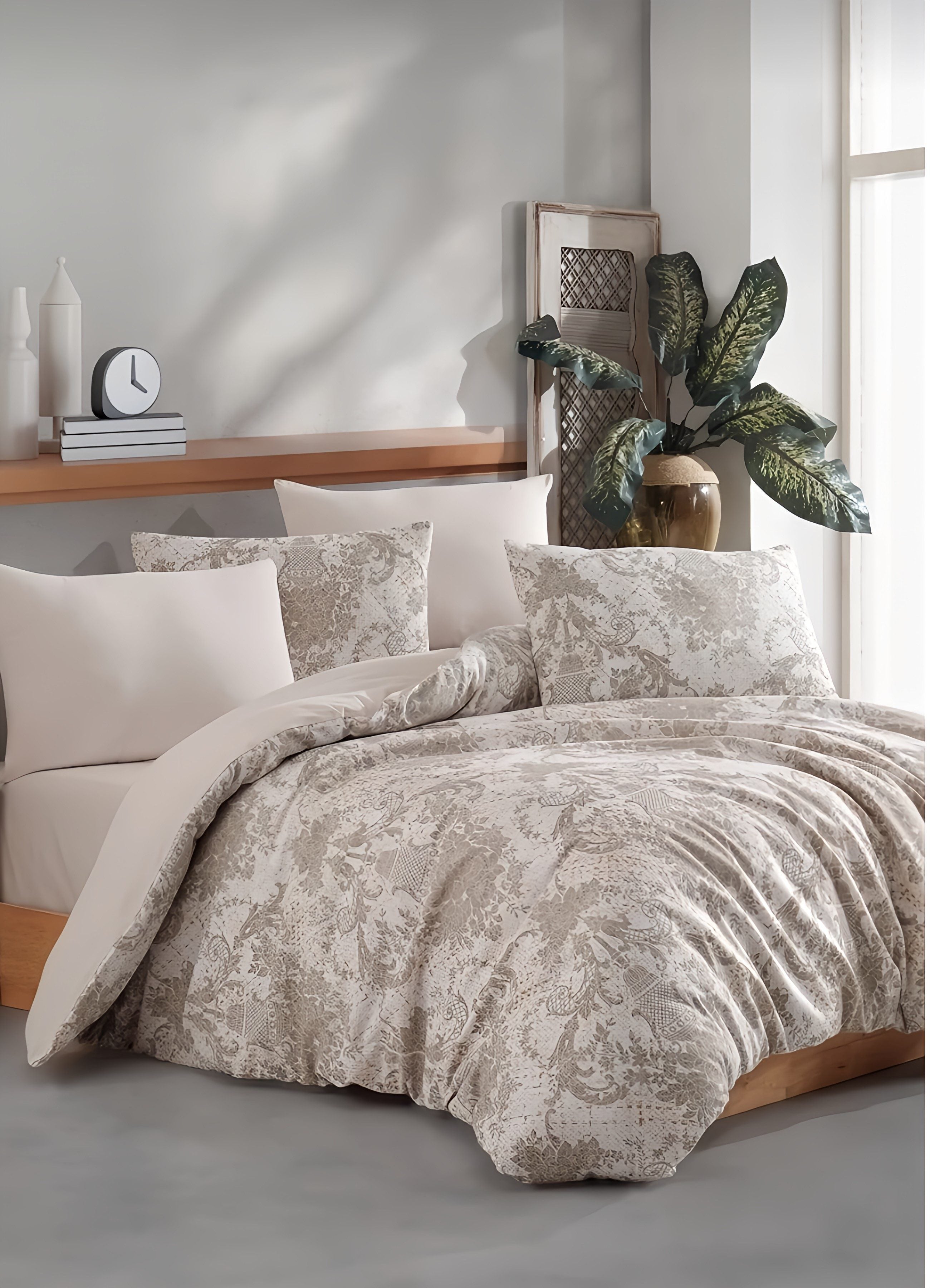 Bettwäsche Set 3-teilig 80% Baumwolle, 20% Polyester, 200x220 cm, floral, beige Einheitsgröße beige