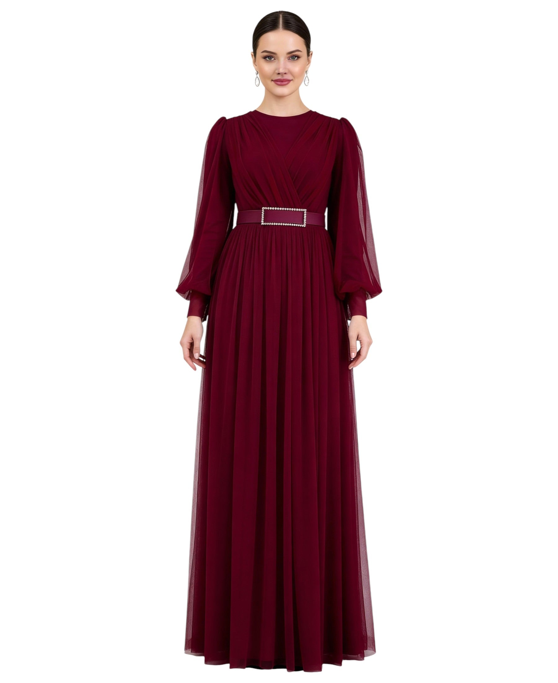 Abendkleid Damen Maxikleid langarm Tüllkleid elegant mit Gürtel Modest Fashion