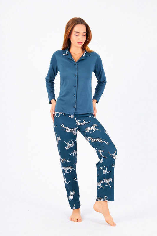 Pyjama Damen Thermal Schlafanzug mit Zebramuster