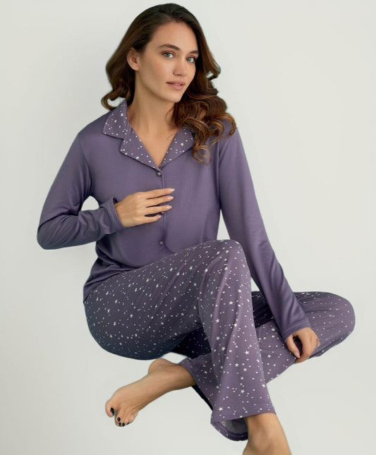 Pyjama Damen Schlafanzug mit Sternenmuster - weicher Sandy-Stoff