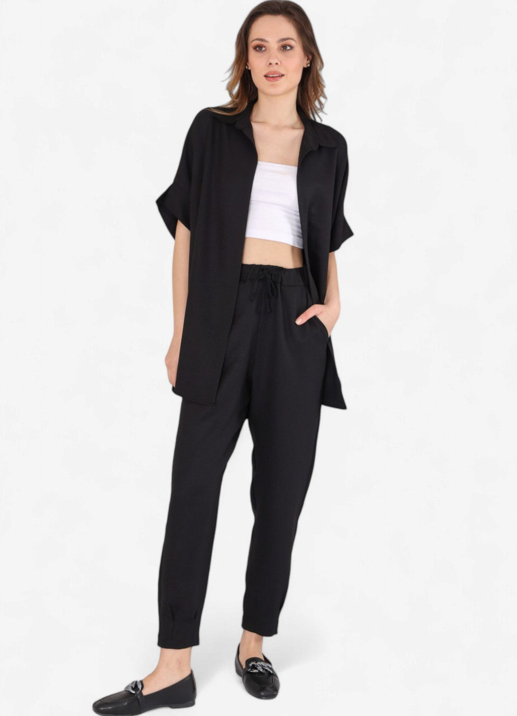 Schlupfhose Damen Hose Leinenoptik im Jogger Stil mit Elastischem Bund