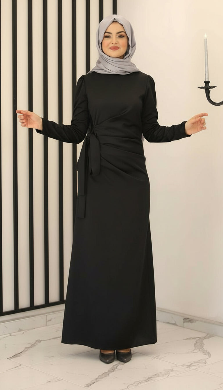 Satinkleid Damen Hijab Abendkleid langärmliges Maxikleid Abiye Abaya (HÜLYA)