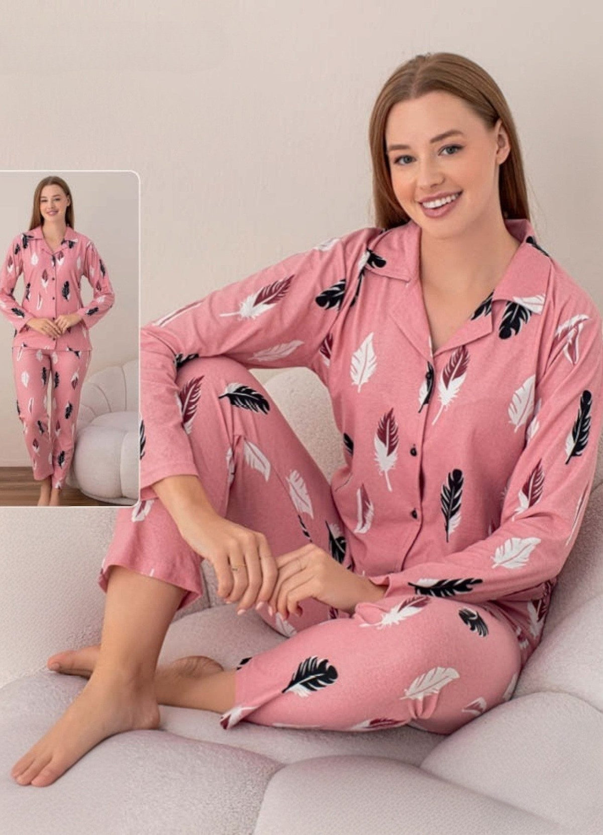 Schlafanzug Damen Pyjama-Set aus 100% Baumwolle, Rosa mit Feder-Muster, Gr. 34-42