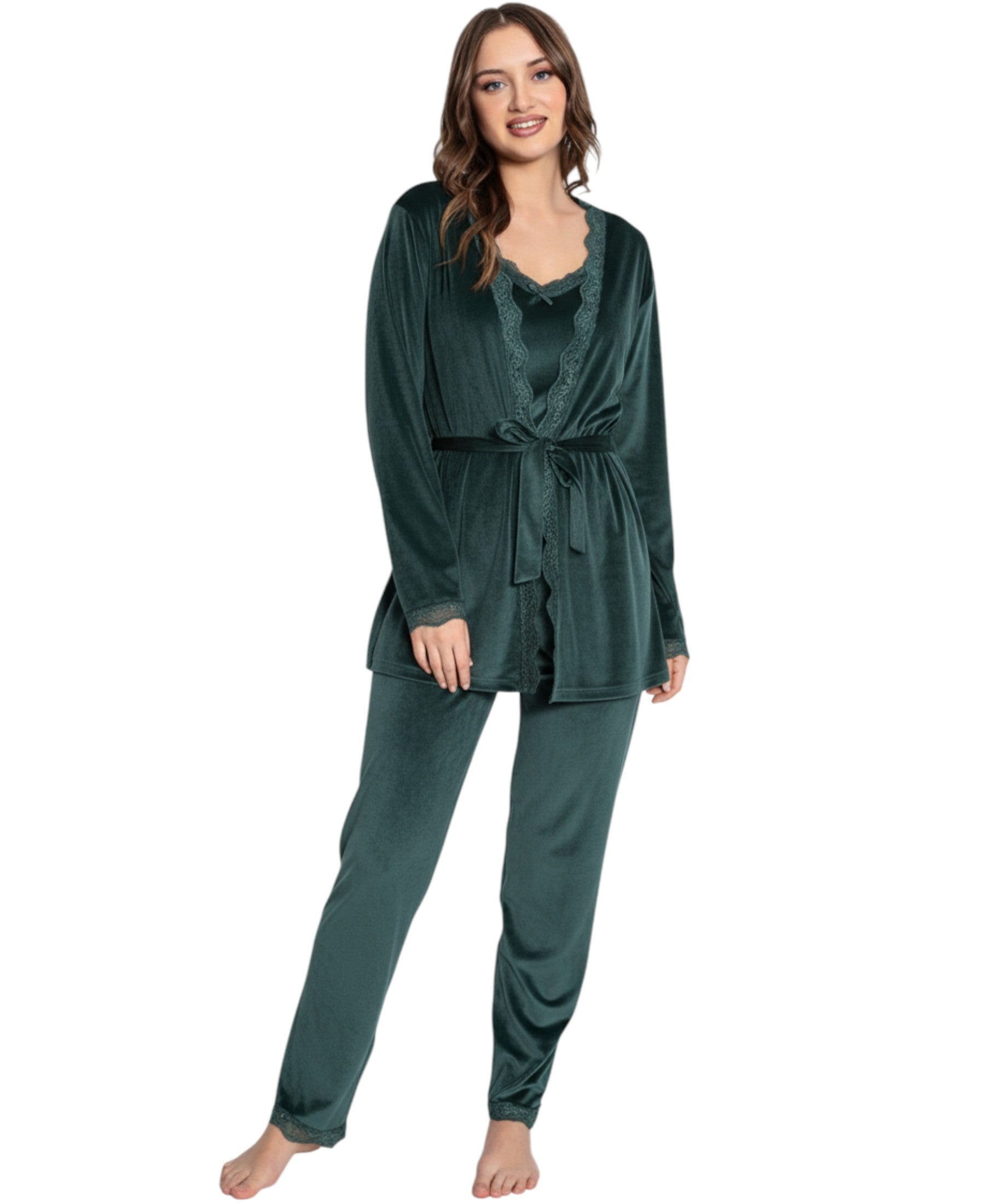 Hausanzug 3 teiliger Pyjama Schlafanzug mit Morgenmantel 100% Samt