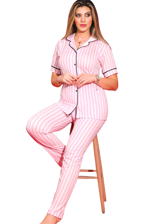Pyjama Damen 2-teiliges Schlafanzug Set Rosa Weiß