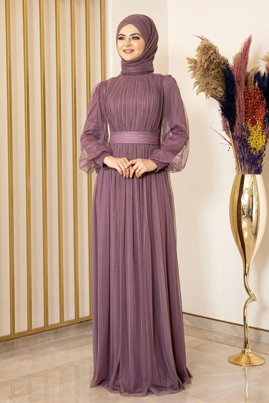Tüllkleid Damen Abendkleid Maxilänge Abaya-Stil - Modest Mode 36 ecru weiß