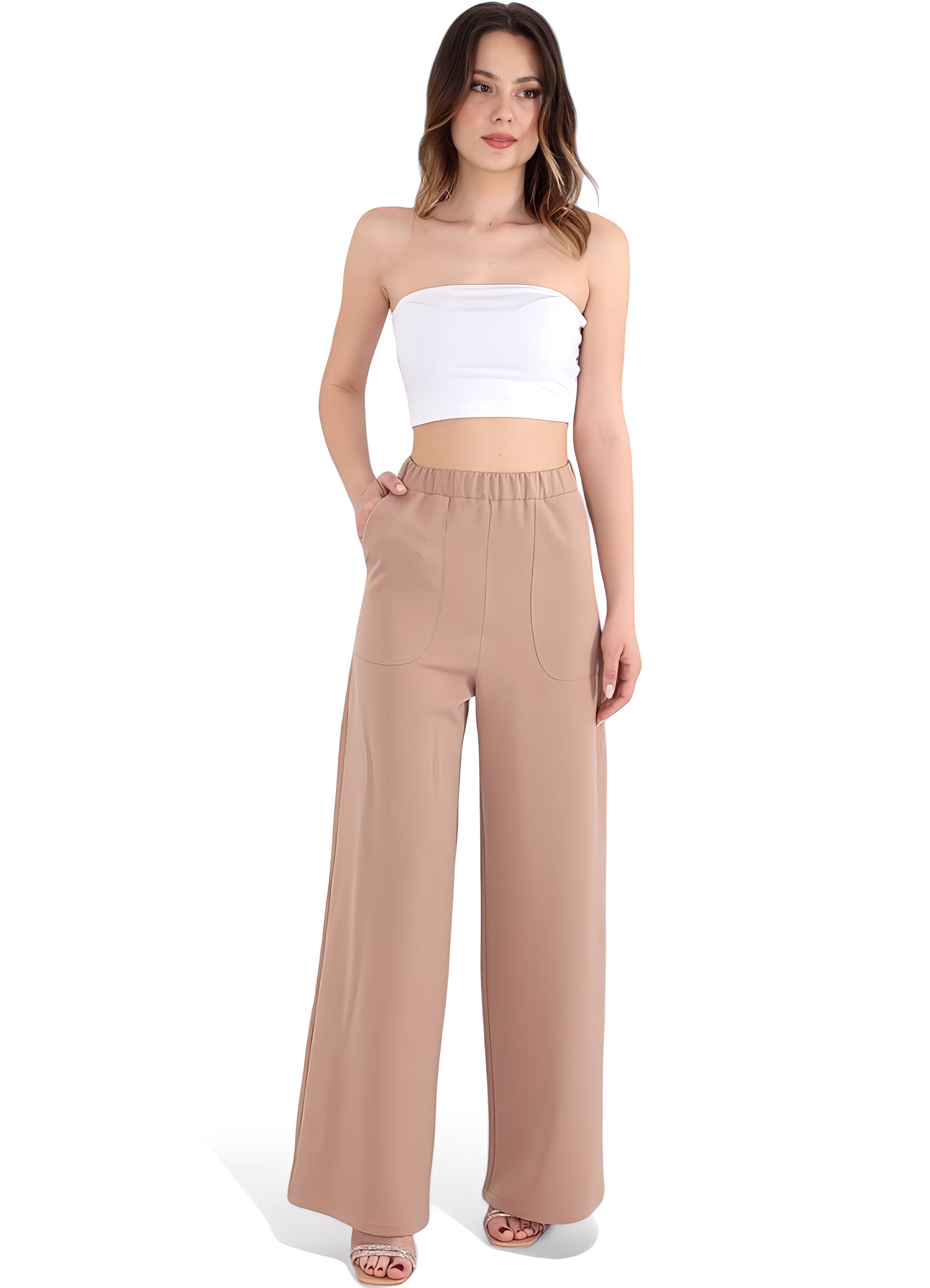 Schlupfhose Damen Hose High Waist – Weites Bein mit Taschendetail