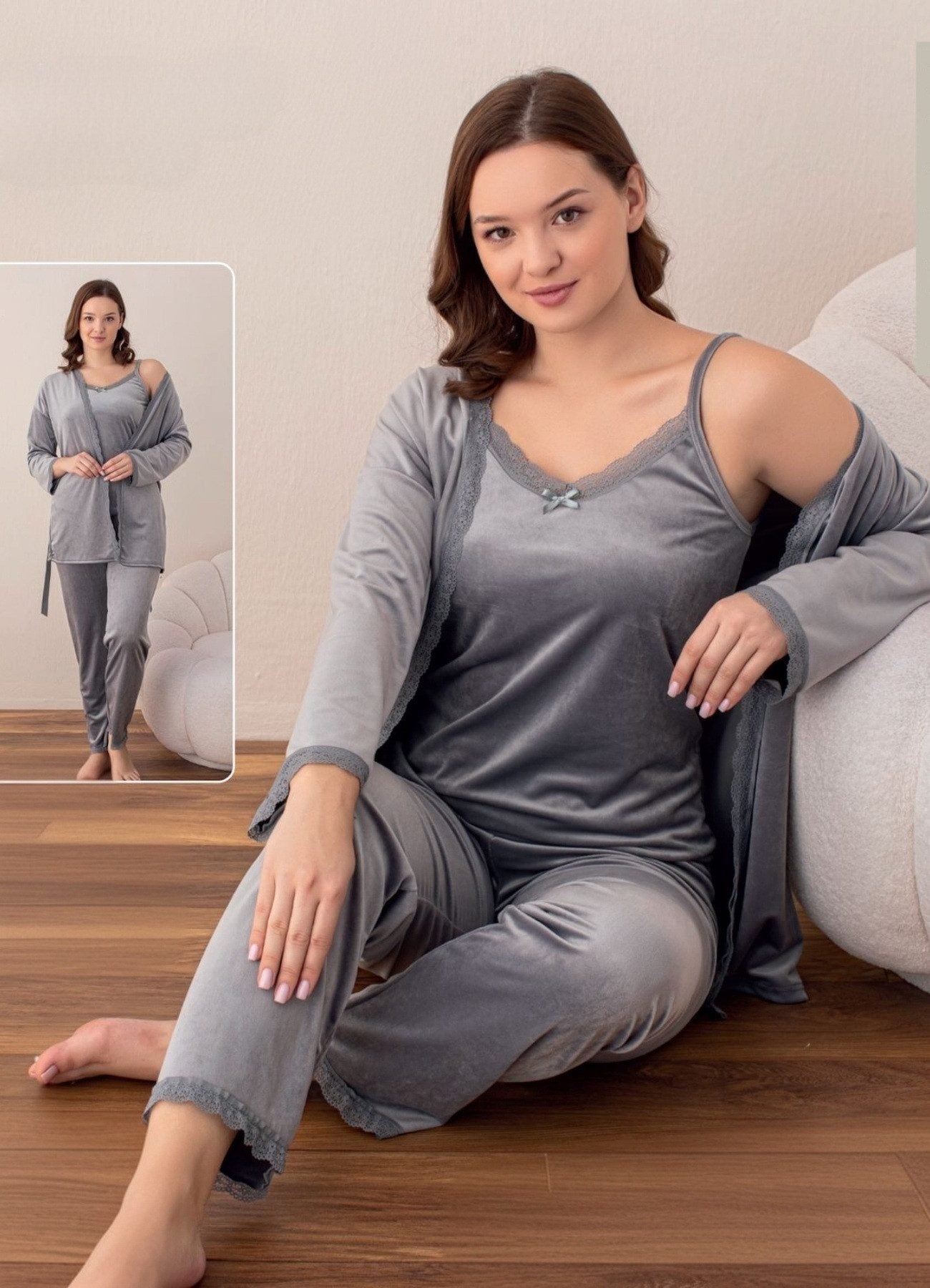 Hausanzug 3 teiliger Pyjama Schlafanzug mit Morgenmantel 100% Samt