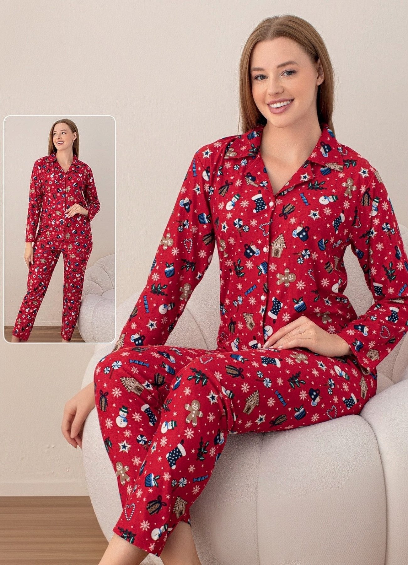 Pyjama Damen Schlafanzug mit Weihnachtsmotiven Rot & Schwarz