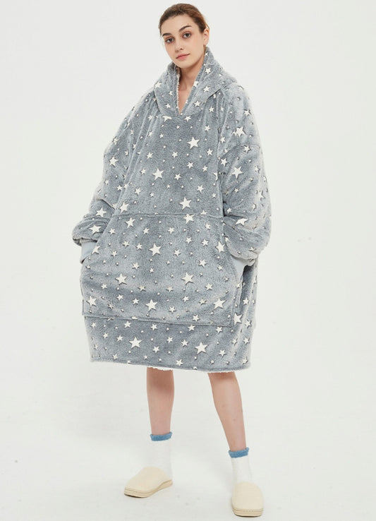Fleecepullover Kuscheldecke Unisex Pulloverdecke –  ( Sterne-Muster) Einheitsgröße bis 4XL mit Kapuze