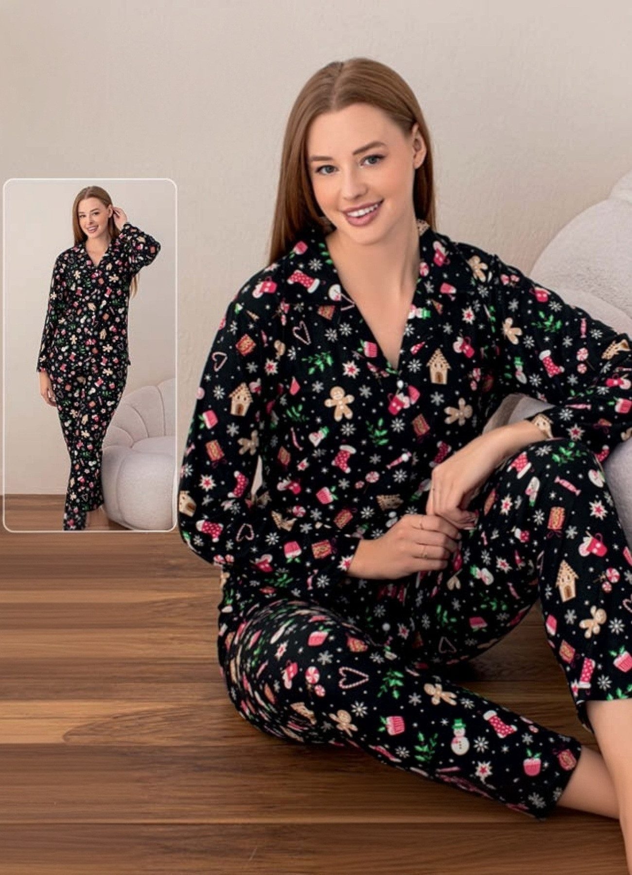Pyjama Damen Schlafanzug mit Weihnachtsmotiven Rot & Schwarz