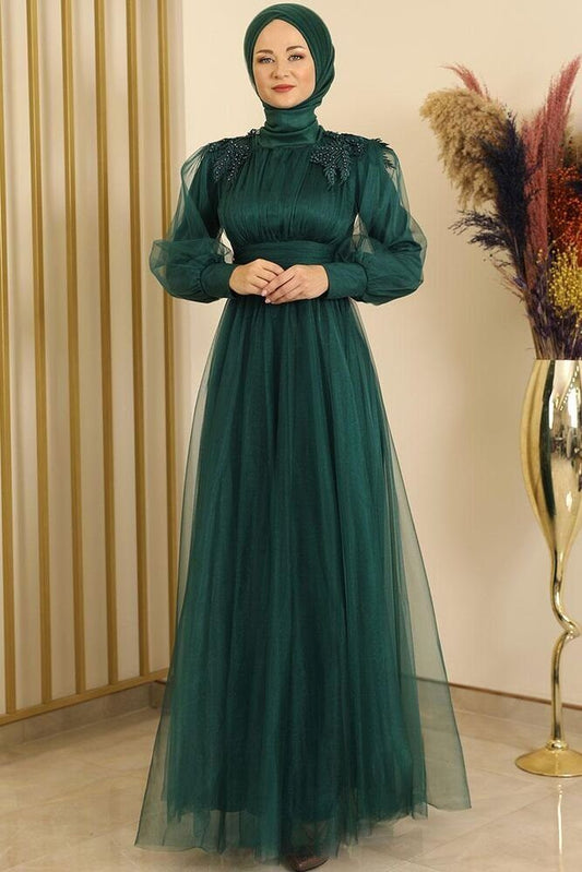 Tüllkleid Abendkleid mit Blumen Guipure-Details Abiye Abaya - Modest Fashion