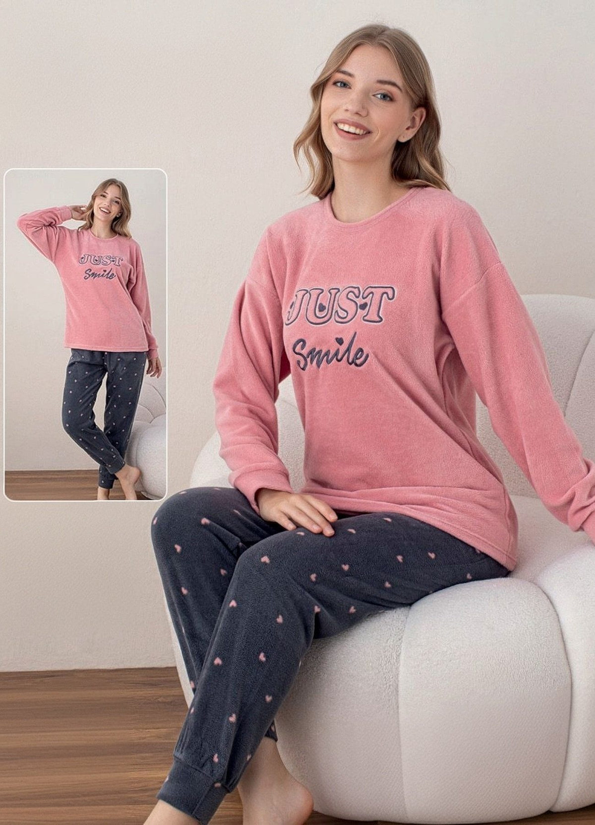 Pyjama Damen Schlafanzug Soft Samt 100% Baumwolle, Plüsch-Fleece 5 Designs S/M rosa