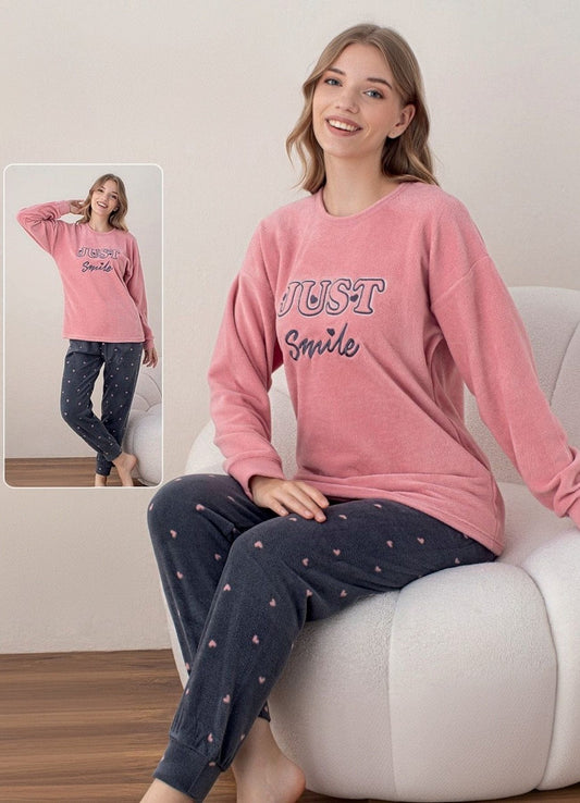 Pyjama Damen Schlafanzug Soft Samt 100% Baumwolle, Plüsch-Fleece 5 Designs S/M rosa