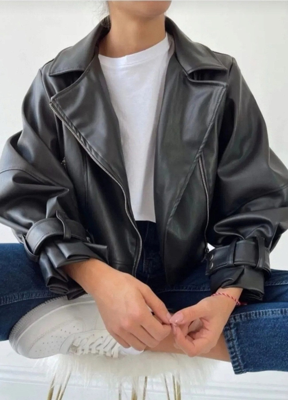 Lederimitatjacke Damen Oversize Kunstleder Jacke Schwarz