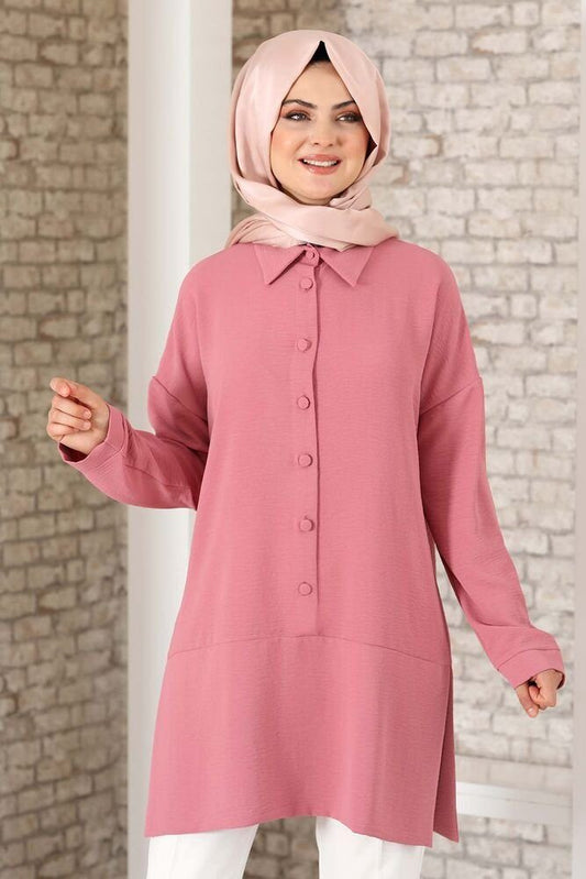 Longtunika Lockere Hijab-Tunika mit Knopfdetail Damen Tunika (SALAS TUNIK)