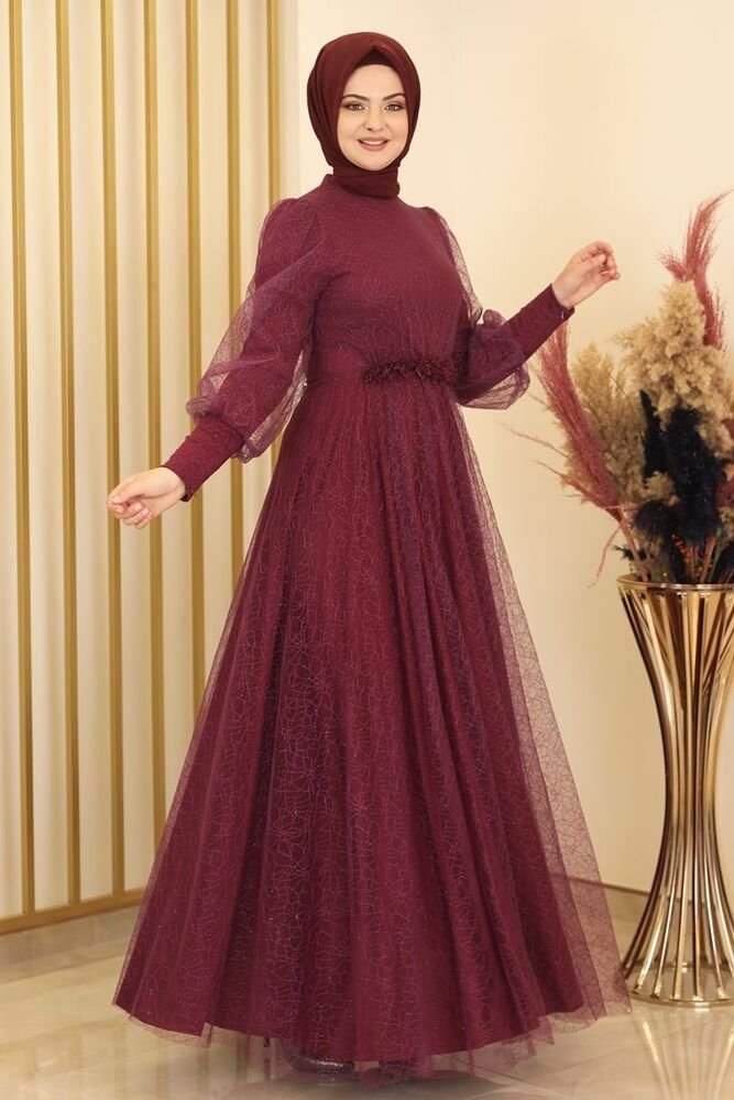 Abendkleid silbriges Tüllkleid Abiye Abaya Hijab Kleid Maxikleid (SIMLI GAMZE)