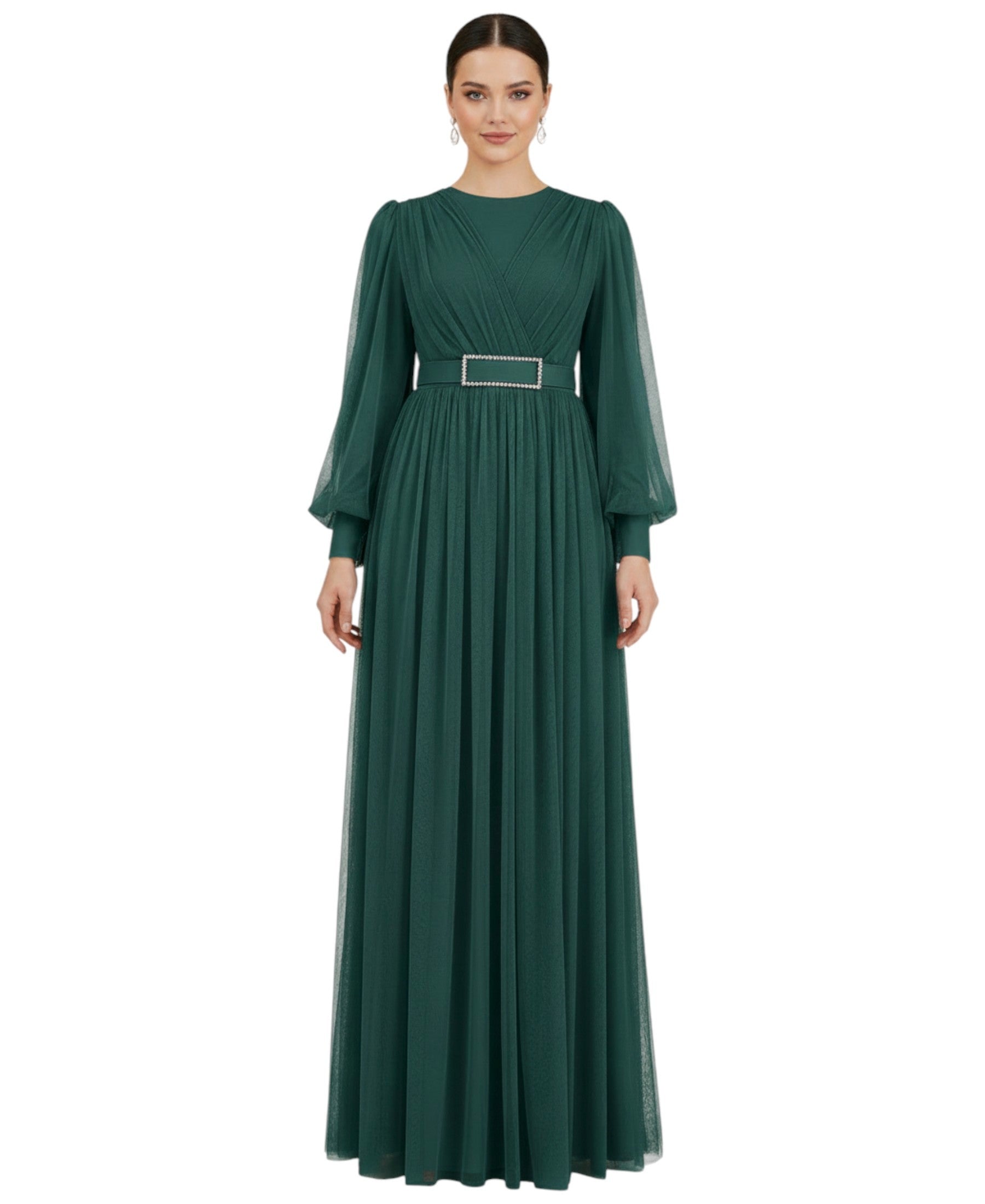 Abendkleid Damen Maxikleid langarm Tüllkleid elegant mit Gürtel Modest Fashion