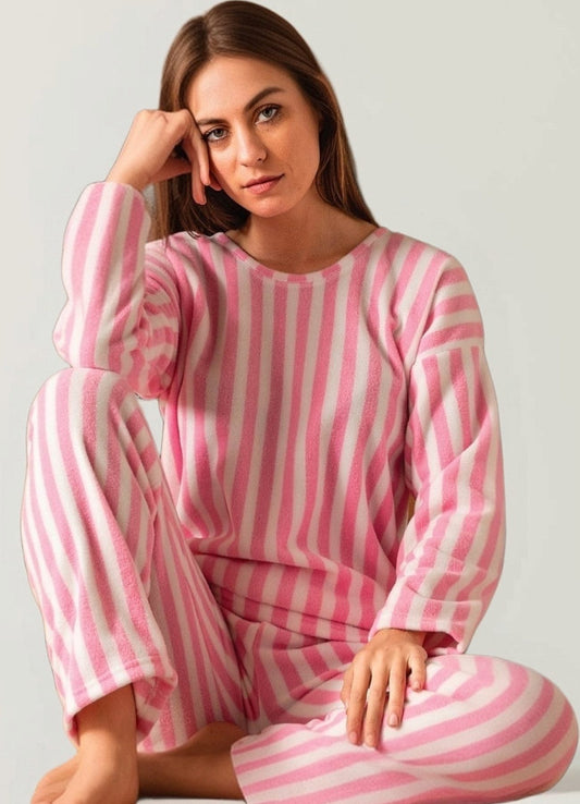 Pyjama Damen Polar-Fleece Schlafanzug Rosa-Weiß gestreift, kuschelig