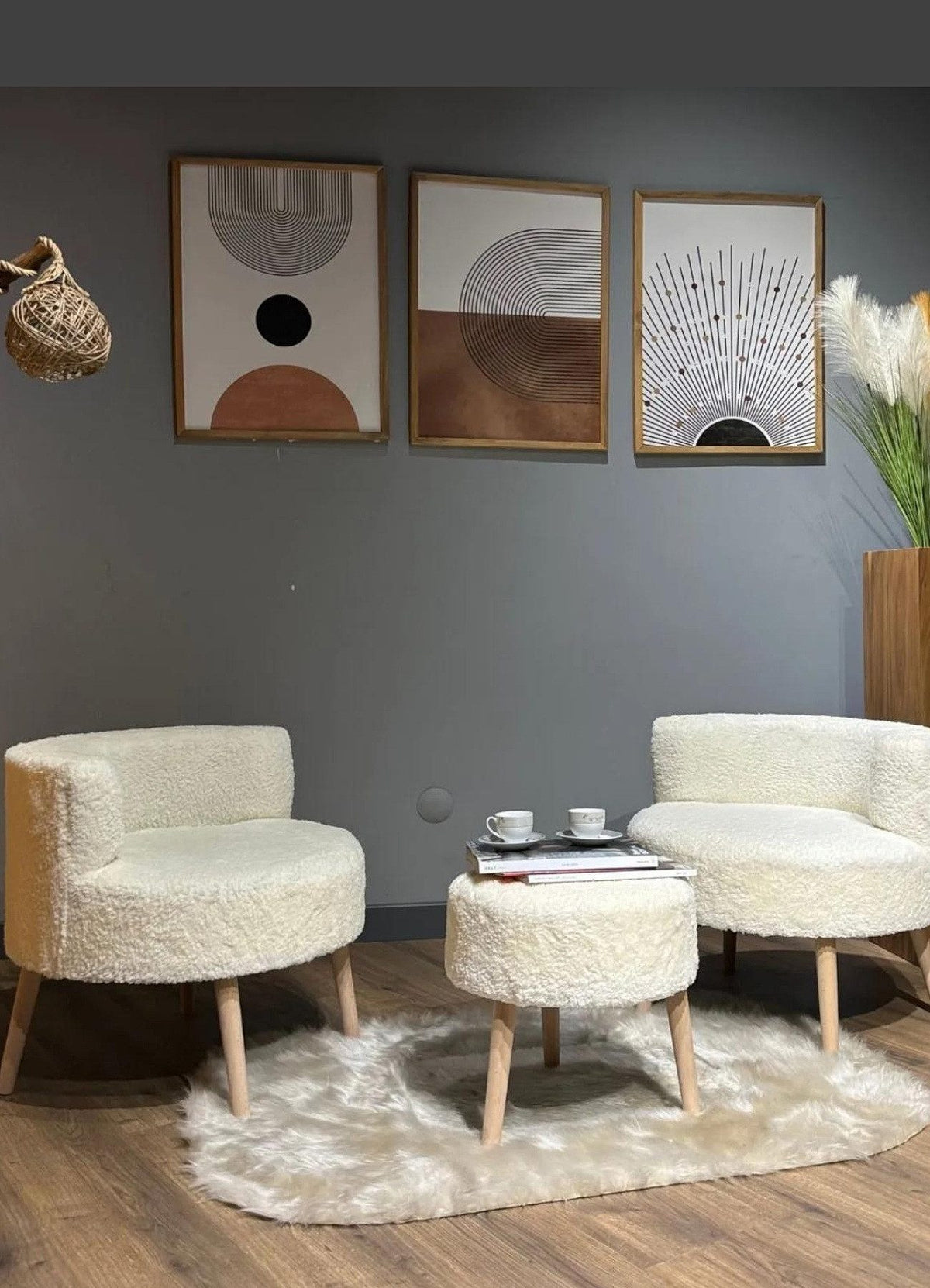 Loungeset 3-teiliges Plüsch Set 2 Plüschsessel & 1 Hocker mit Holzbeinen