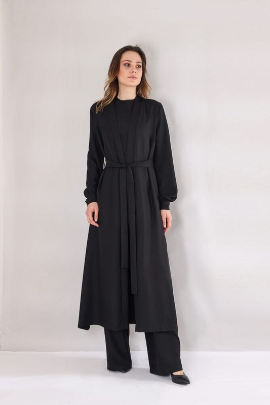 Blusenkimono Langer Damen Cardigan in Leinenoptik mit Gürtel