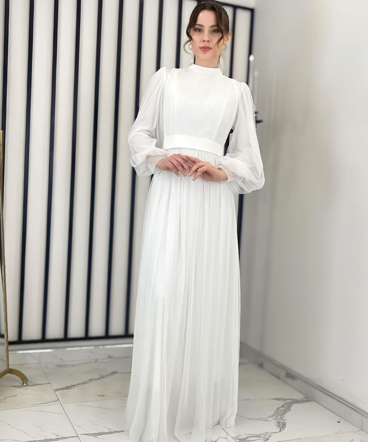 Tüllkleid Damen Abendkleid Maxilänge Abaya-Stil - Modest Mode 38 ecru weiß