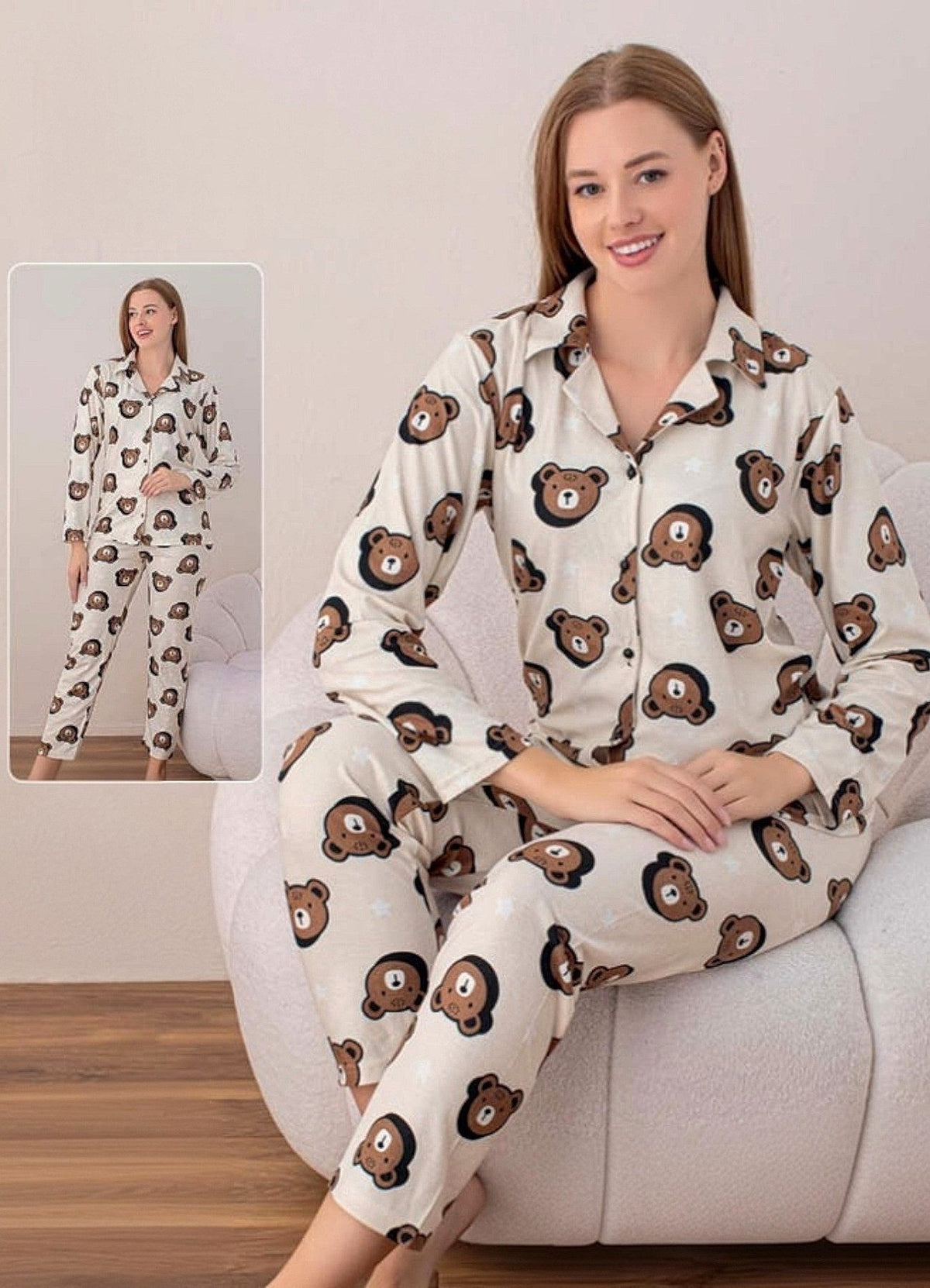 Schlafanzug Damen Pyjama Set 100% Baumwolle Hausanzug Bärchen-Muster