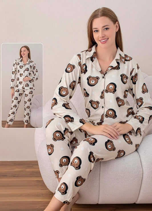 Schlafanzug Damen Pyjama Set 100% Baumwolle Hausanzug Bärchen-Muster