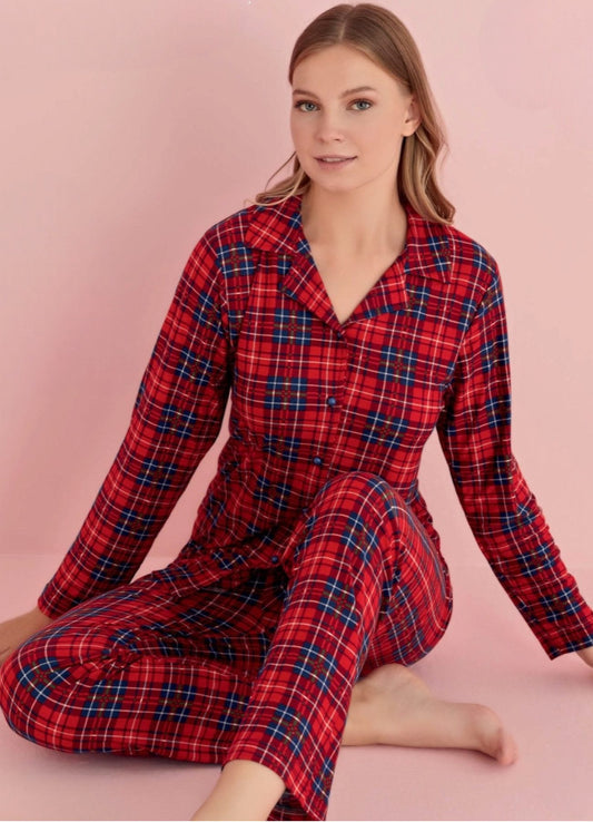 Pyjama Damen Schlafanzug aus 100% Baumwolle – Kariertes Design