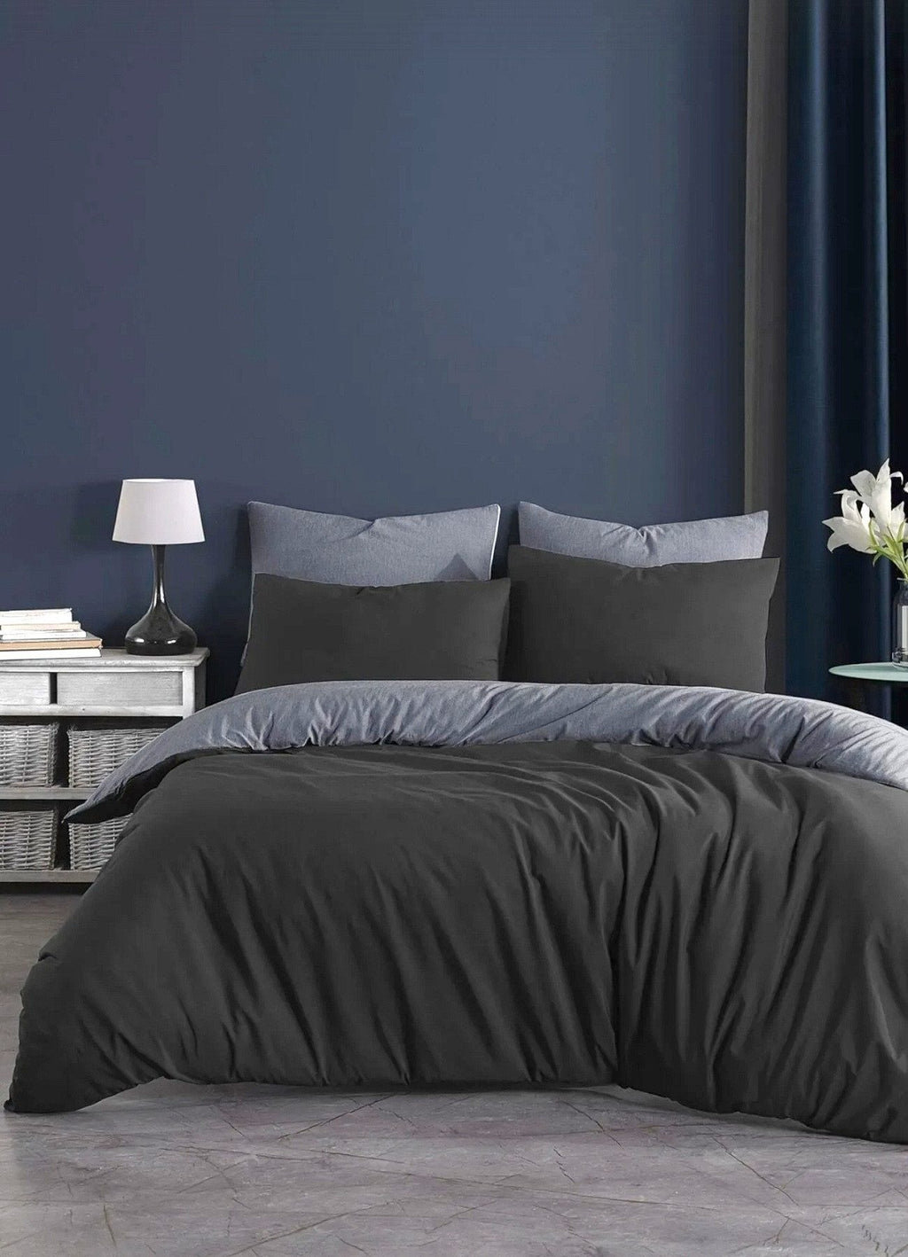 Bettwäsche Set 4-teilig Baumwolle mit Spannbettlacken - Bettbezug (200x220 cm) Einheitsgröße anthrazit/schwarz