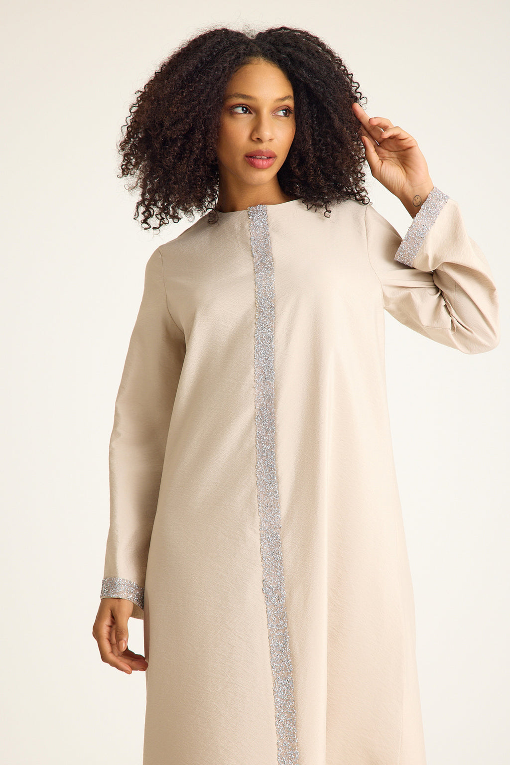 Tunikakleid Damen Abaya mit Glitzerdetails in Leinenoptik