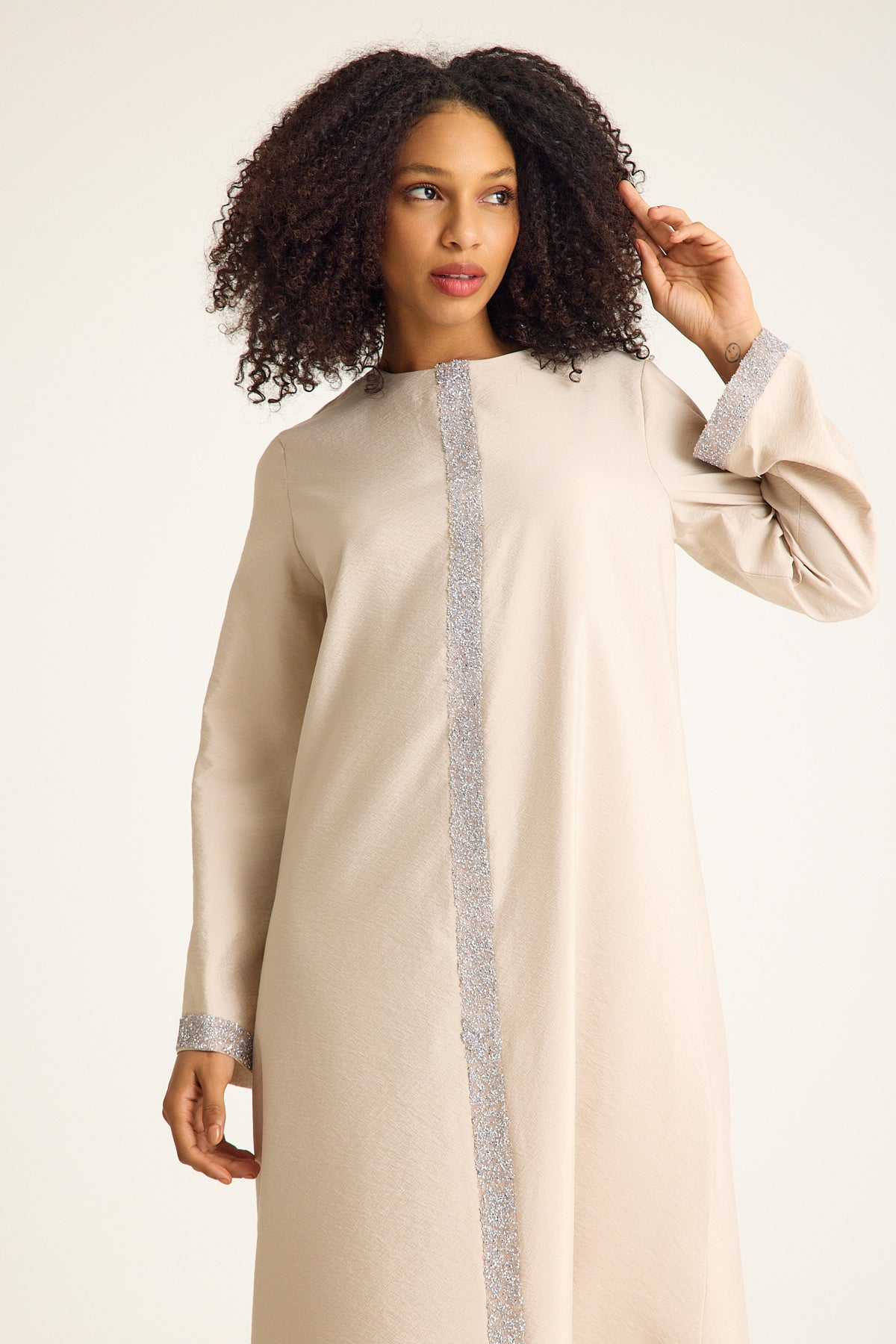 Tunikakleid Damen Abaya mit Glitzerdetails in Leinenoptik