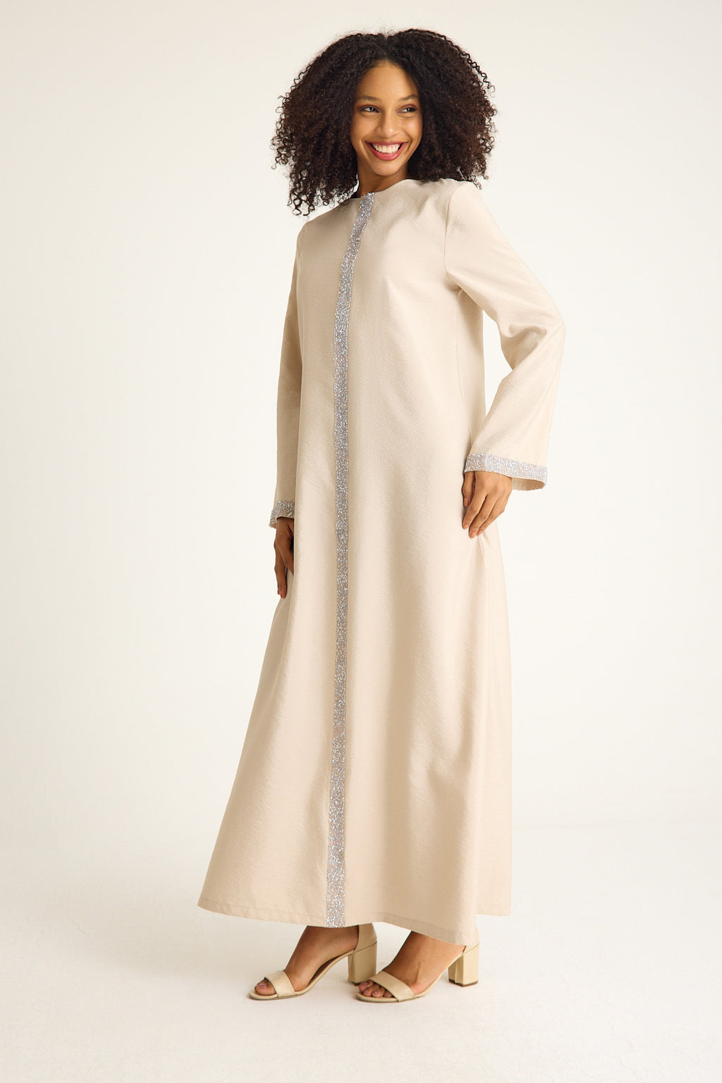 Tunikakleid Damen Abaya mit Glitzerdetails in Leinenoptik