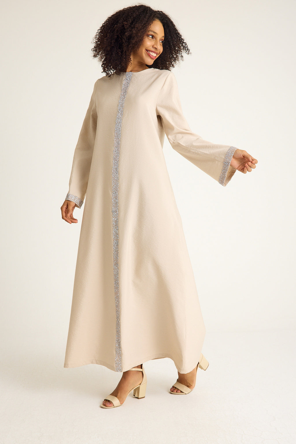 Tunikakleid Damen Abaya mit Glitzerdetails in Leinenoptik