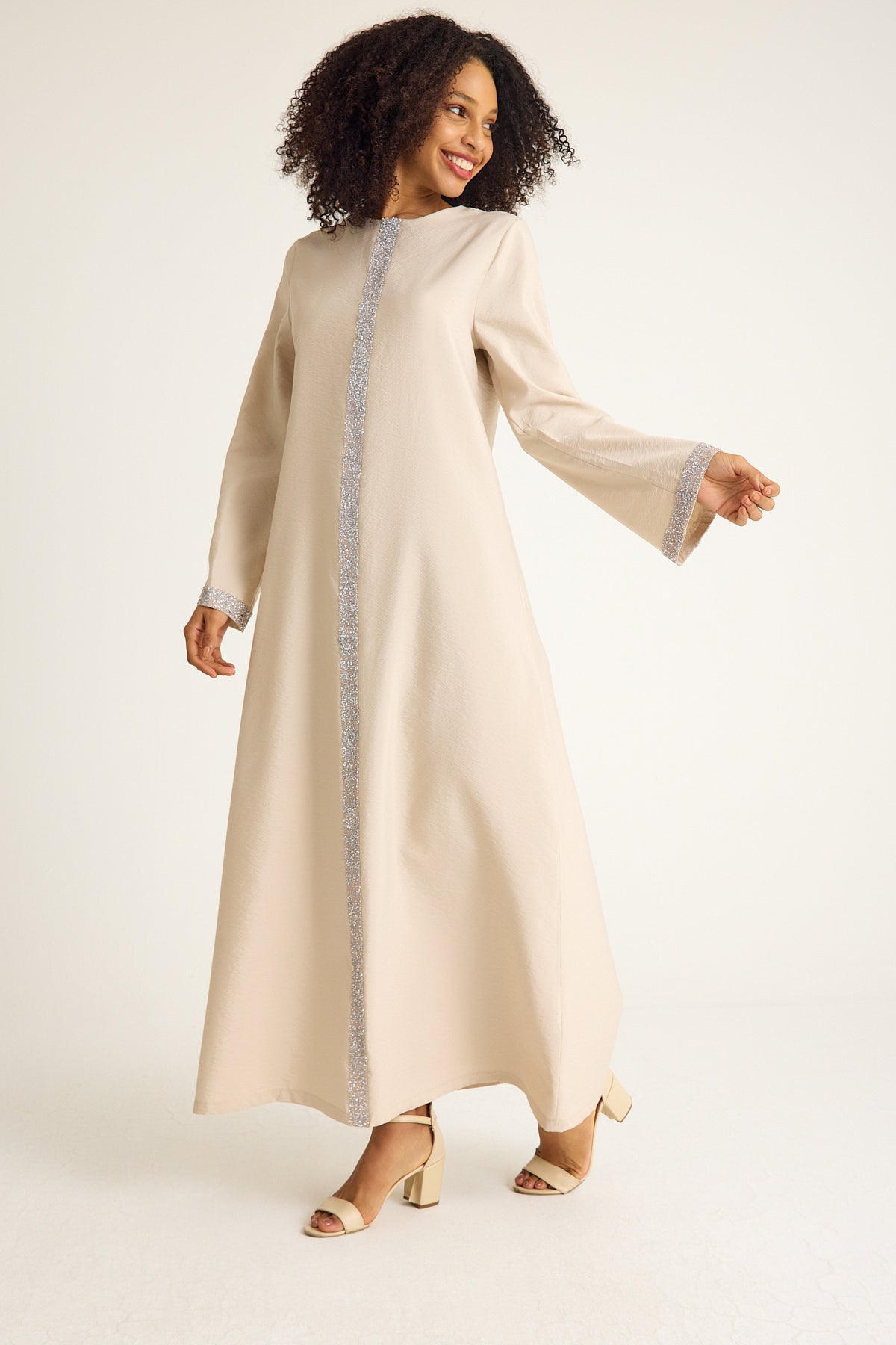 Tunikakleid Damen Abaya mit Glitzerdetails in Leinenoptik