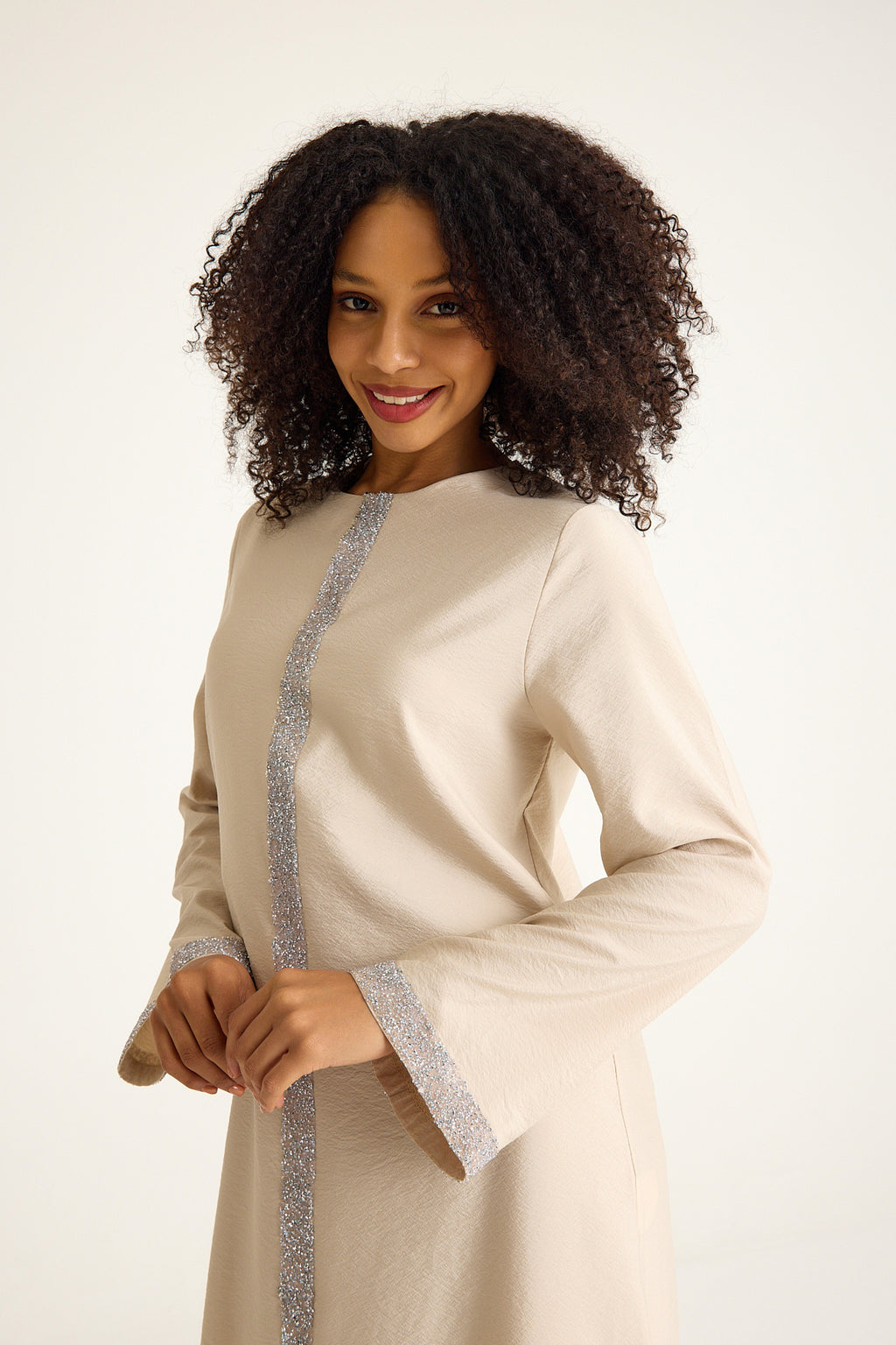 Tunikakleid Damen Abaya mit Glitzerdetails in Leinenoptik