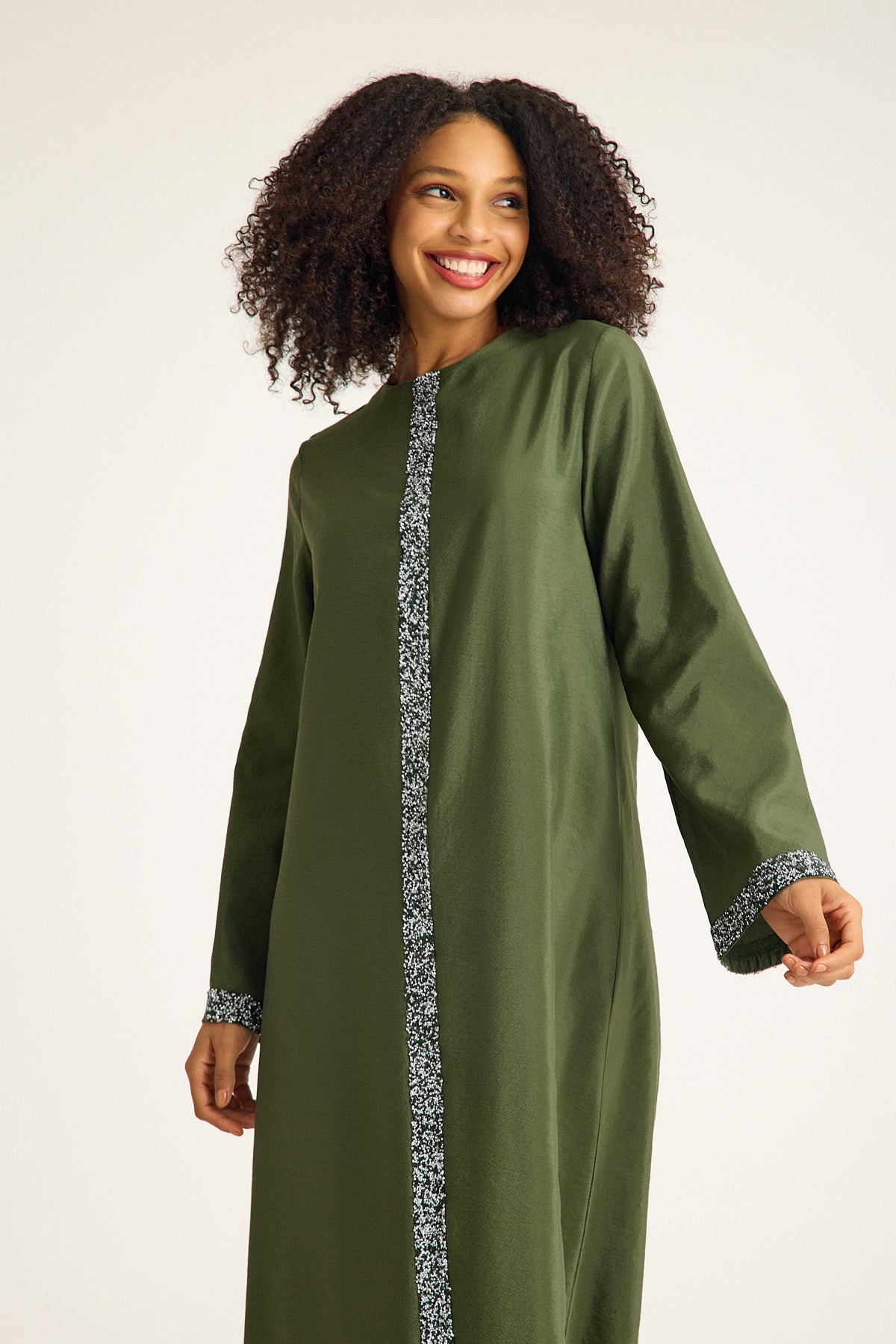 Tunikakleid Damen Abaya mit Glitzerdetails in Leinenoptik