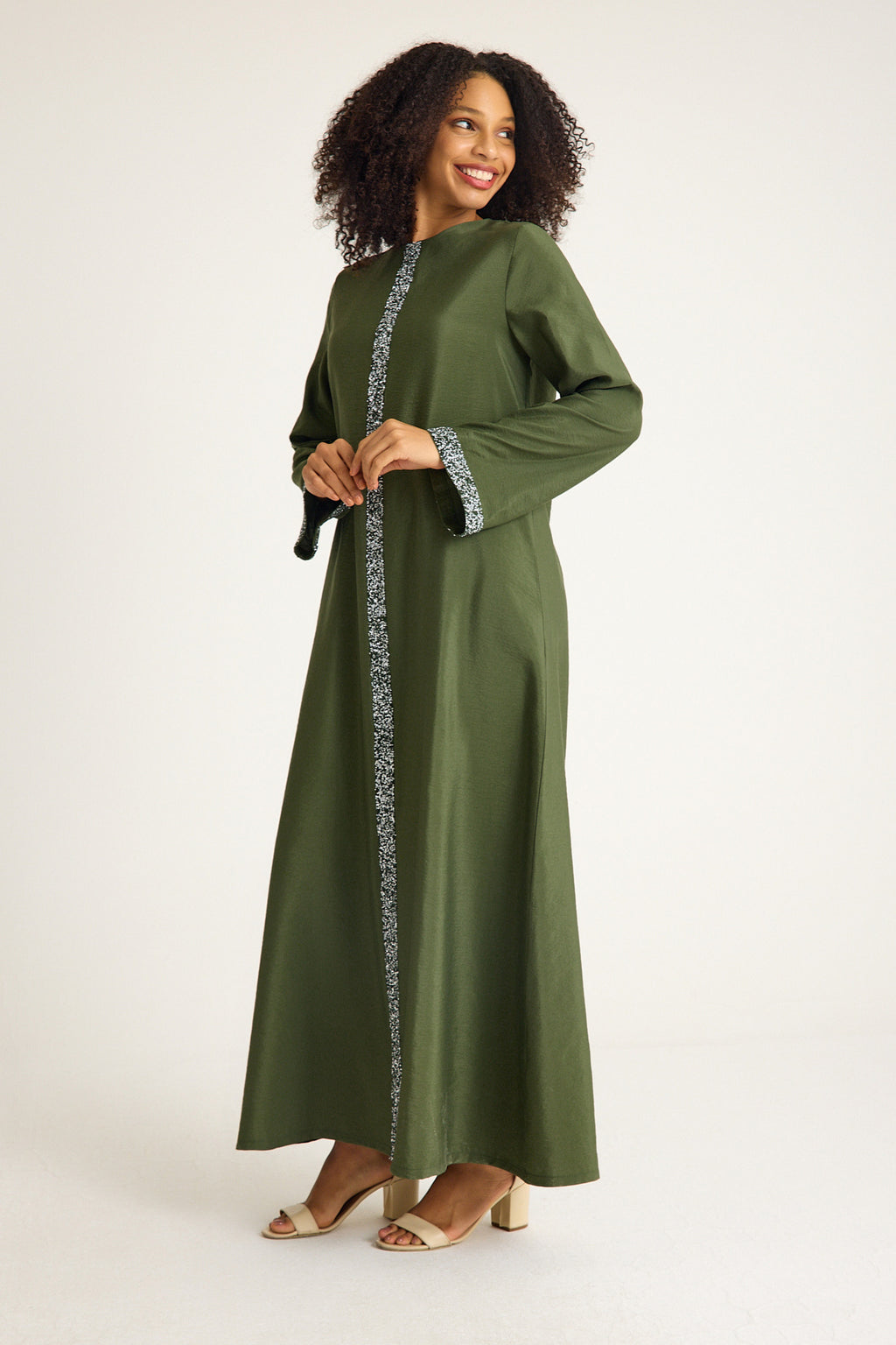 Tunikakleid Damen Abaya mit Glitzerdetails in Leinenoptik