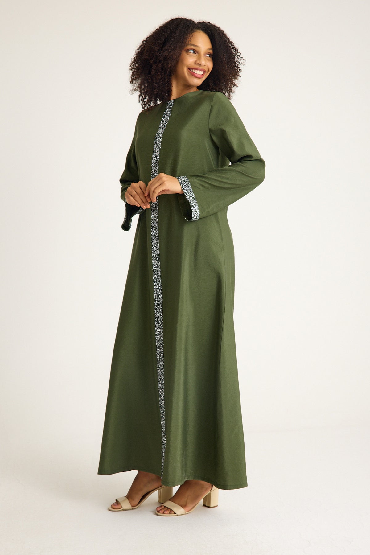 Tunikakleid Damen Abaya mit Glitzerdetails in Leinenoptik