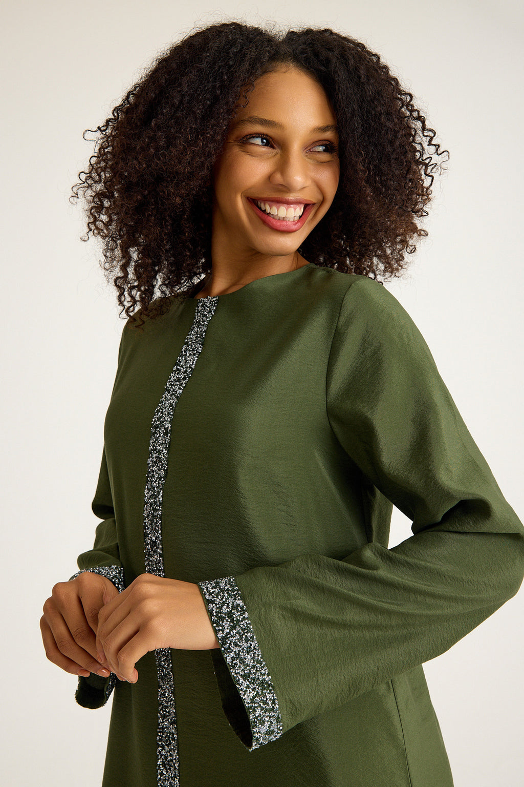 Tunikakleid Damen Abaya mit Glitzerdetails in Leinenoptik
