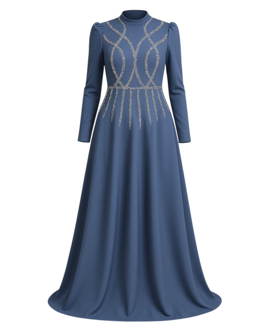 Satinkleid Maxikleid in Satinoptik mit Schmucksteinbesatz - Modest Fashion Abiye